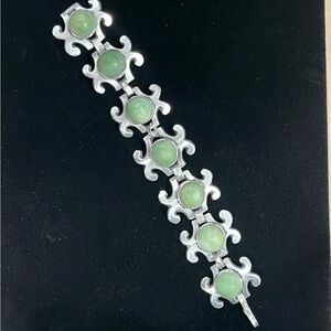 Antique Sterling Silver and Jadeite Link Bracelet. Mexican silver.